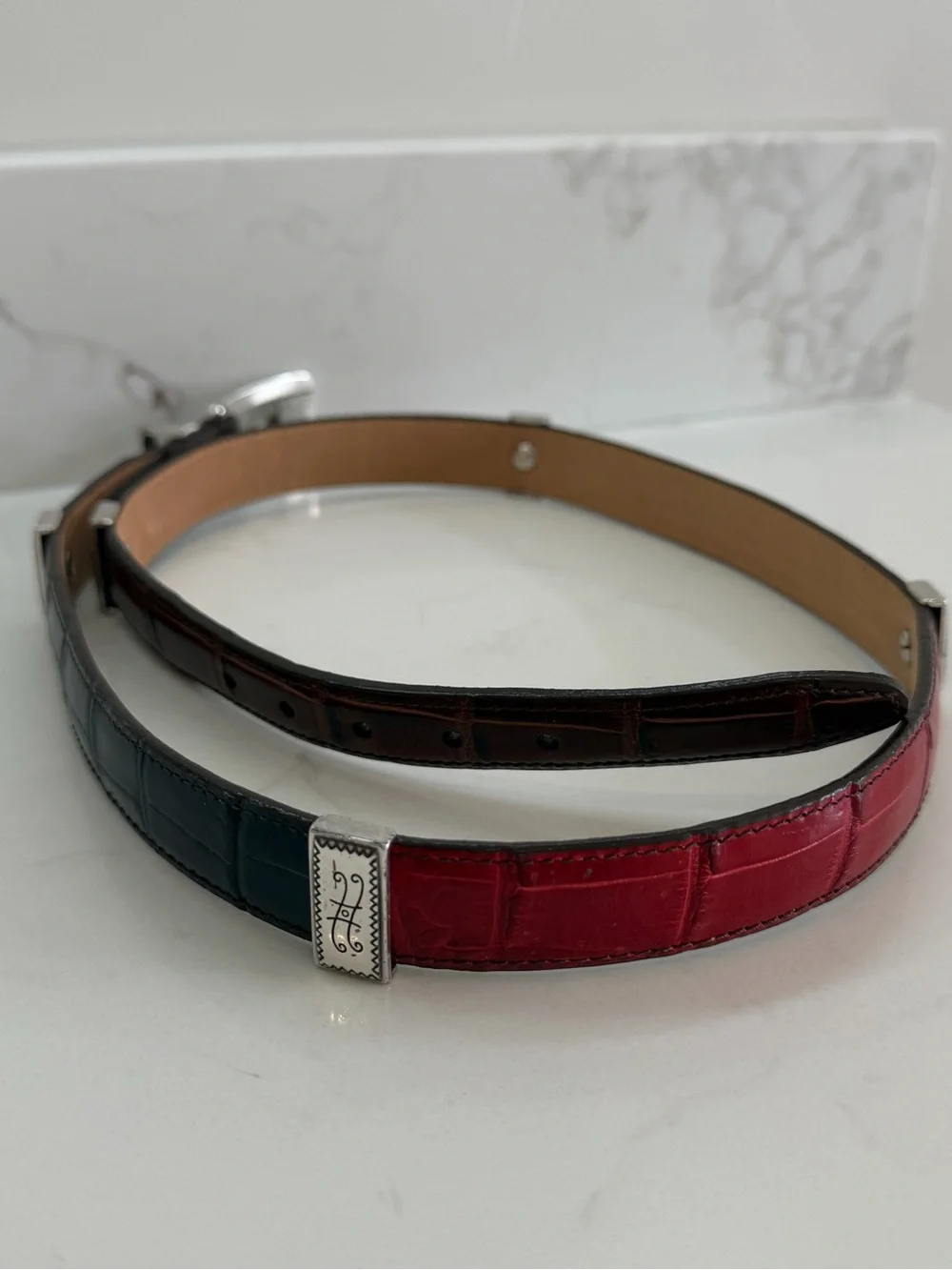 Vintage Brighton Multicolor Croco Embossed Leather Panel Belt Red Black Brown XL